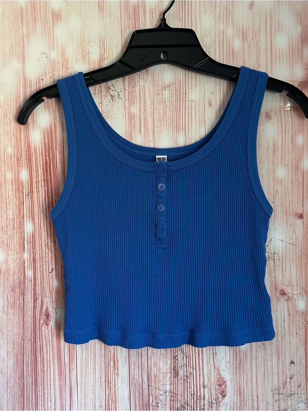 Uniqlo Royal Blue Ribbed Cropped Henley Neck Tank Top Size L